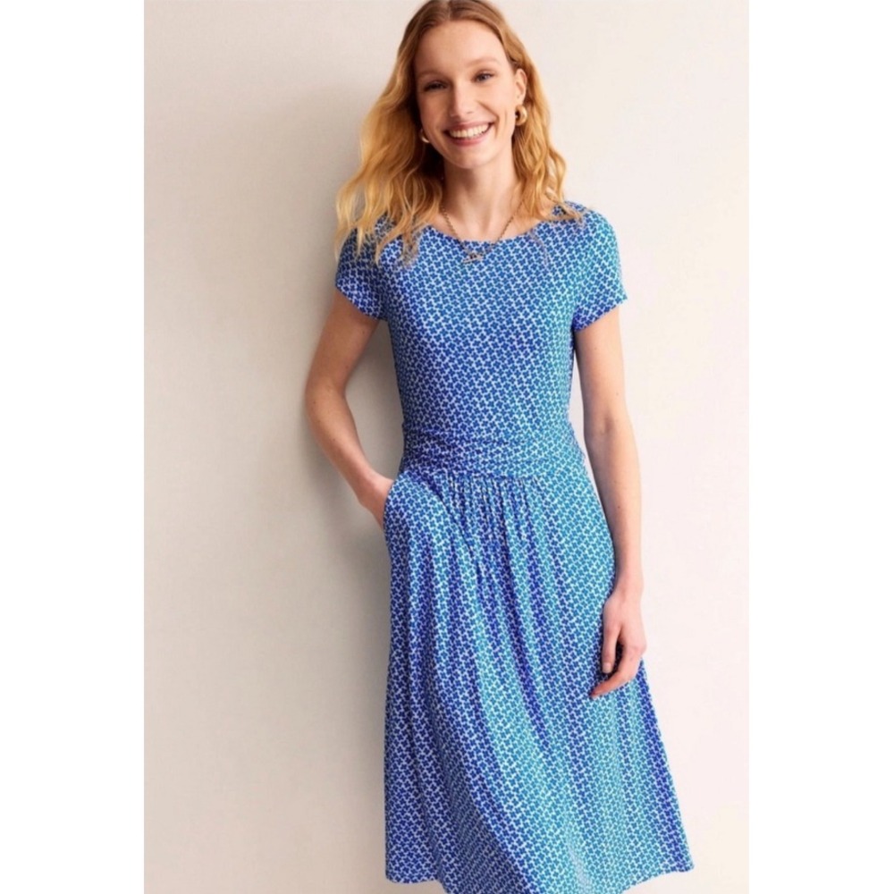 Boden Amelie Jersey Dress Womens 4P Blue Floral Short Sleeve Midi Stretch Preppy